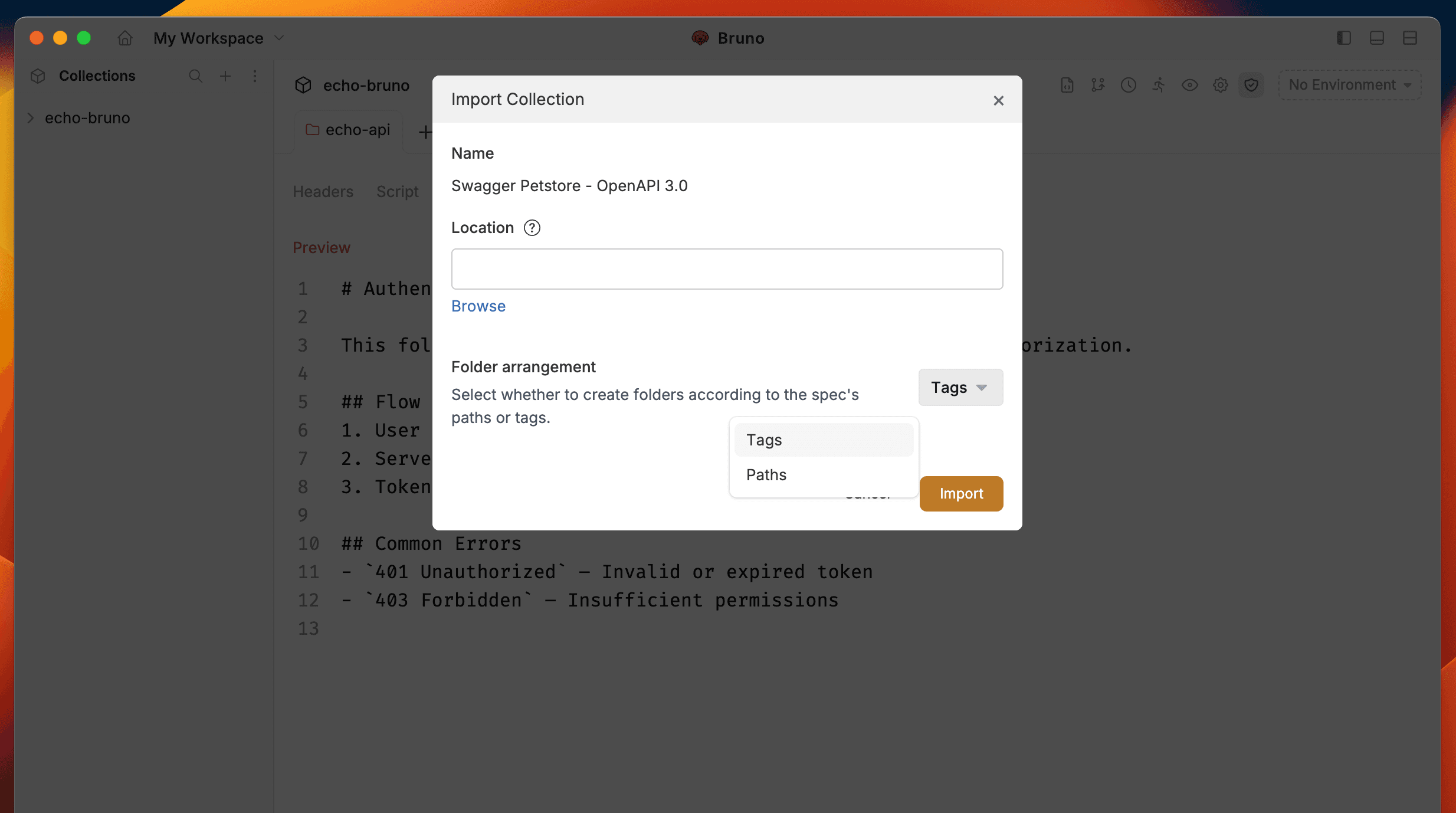 OpenAPI Import Dialog