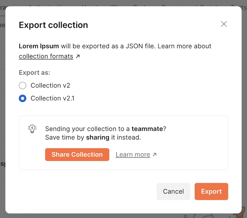 Export collection dialog